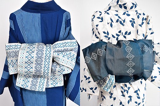 東欧刺繍のようなエスニックボーダーモダンな博多献上風半幅帯（白と青） - アンティーク着物・リサイクル着物のオンラインショップ 姉妹屋