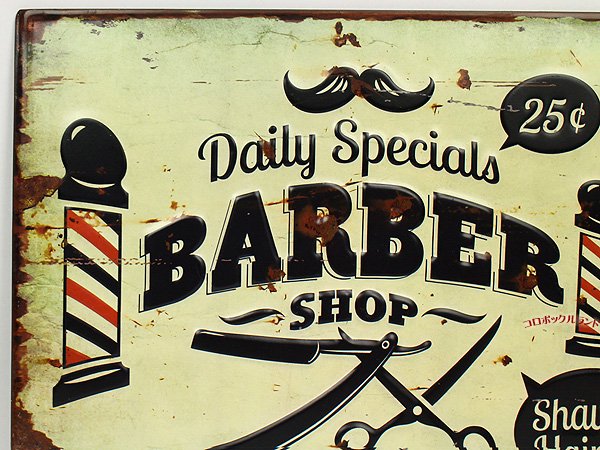 注目ブランド BARBER ダイカットTINサイン バーバー サインプレート 看板 散髪屋 理容店