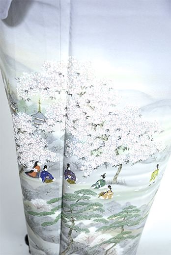 高橋峰陵作・薄雲鼠に桜舞う曲水の宴図美しい訪問着 - アンティーク 