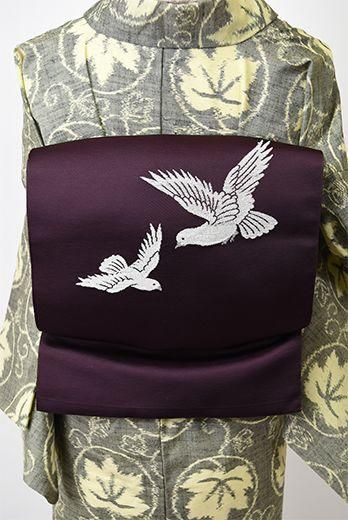 プラムパープルに鳩のような白い鳥美しい開き名古屋帯 アンティーク着物 リサイクル着物のオンラインショップ 姉妹屋 プラムパープルに鳩のような白い鳥美しい開き名古屋帯 アンティーク着物 リサイクル着物のオンラインショップ 姉妹屋