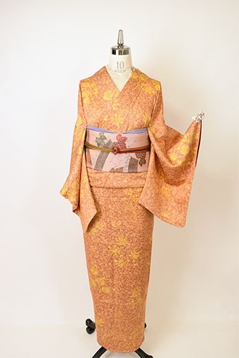 紗綾形の唐織に扇に花が織られた袋帯　着物　112w