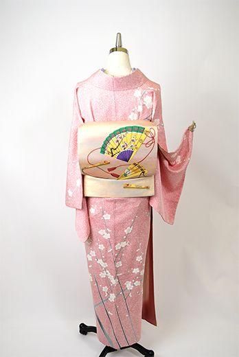 蒔糊散らし珊瑚桃色地に梅の花枝美しい訪問着 - アンティーク