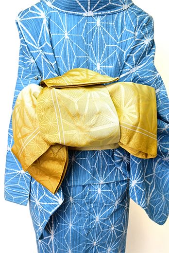 麻の葉縞と青海波モダンな半幅帯（芥子色） - アンティーク着物