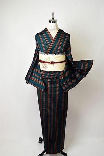 高麗納戸の深い緑に縞模様小粋な正絹紬の袷着物 姉妹屋 高麗納戸の深い緑に縞模様小粋な正絹紬の袷着物 姉妹屋