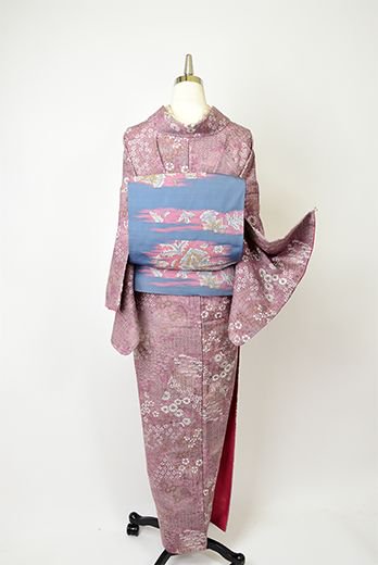 3181 アンティーク着物正絹袷赤紫ぼかし染め美しい笹アールヌーボー 