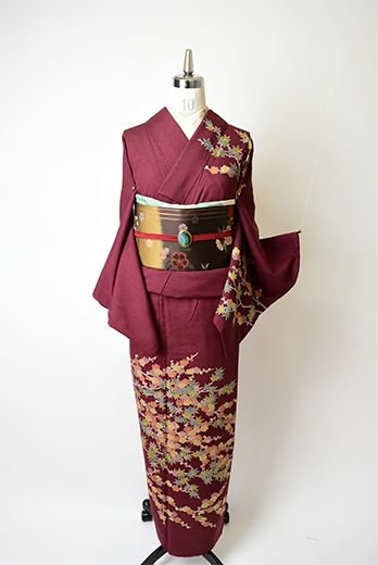 葡萄茶色に梅と楓の樹枝文様美しい正絹紬訪問着 - アンティーク着物