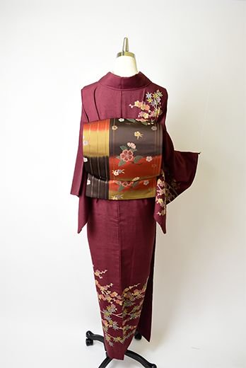 葡萄茶色に梅と楓の樹枝文様美しい正絹紬訪問着 - アンティーク着物