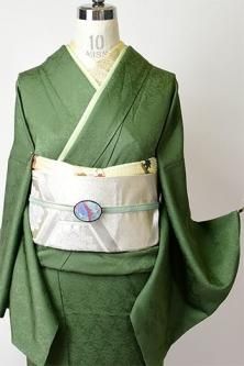 訪問着　フルセット　地紋　緑色　縞　着物　付け下げ　I2 色無地|青緑・ピーコックグリーン[身長164cmまで]No.325｜着物