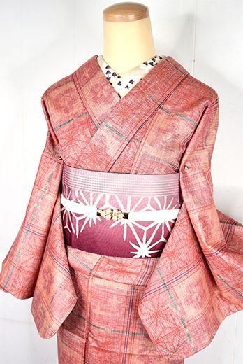 紅緋色に梅松星と麻の葉の格子愛らしい夢二好みのウール単着物 姉妹屋 紅緋色に梅松星と麻の葉の格子愛らしい夢二好みのウール単着物 姉妹屋