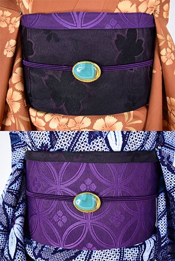 桜と七宝美しい半幅帯（黒と紫） - アンティーク着物・リサイクル着物