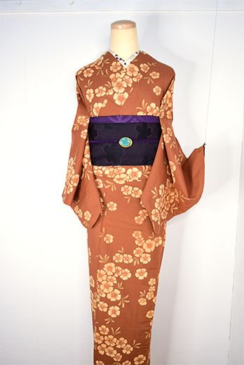 桜と七宝美しい半幅帯（黒と紫） - アンティーク着物・リサイクル着物
