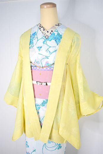 アンティークレモン色に梅の花の着物と作り帯セット レモンクリームエロー