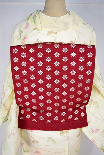 赤地に花水玉モダンな正絹博多単帯 - アンティーク着物・リサイクル着物のオンラインショップ　姉妹屋