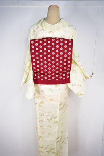 赤地に花水玉モダンな正絹博多単帯 - アンティーク着物・リサイクル着物のオンラインショップ　姉妹屋