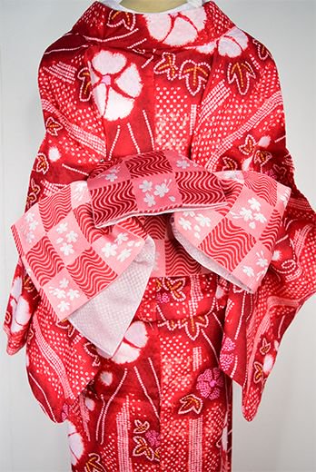 波と桜の市松模様小粋な半幅帯（紅色） - アンティーク着物・リサイクル着物のオンラインショップ　姉妹屋