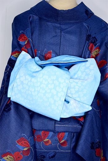 北欧モダン蝶々と七宝の半幅帯（ブルー） - アンティーク着物・リサイクル着物のオンラインショップ　姉妹屋