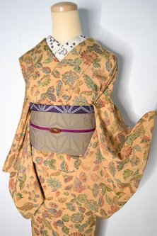 シャモワベージュに鳥や蝶々の更紗アラベスクロマンチックな正絹縮緬袷着物