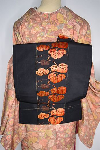 黒地に蔦葉の縞美しい名古屋帯 - アンティーク着物・リサイクル着物のオンラインショップ　姉妹屋