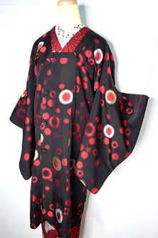 黒地に紅色水玉幻想的なビンテージ正絹道行き着物コート