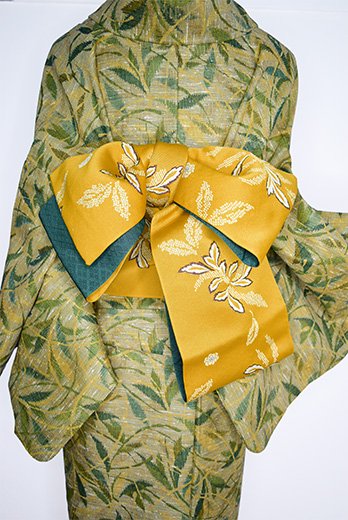 ★サマーセール★正絹御召し着物と袋帯セット★２《緑と黄と藤色の偏光カラー花柄帯