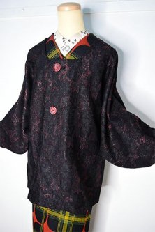 グリッタリールージュとブラックのドラマチックフラワー美しいビンテージ着物コート