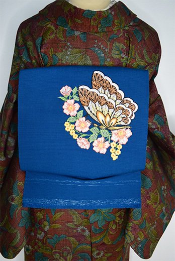 ディープブルーに花と蝶々のボヘミアン刺繍美しいウール開き帯 - アンティーク着物・リサイクル着物のオンラインショップ　姉妹屋