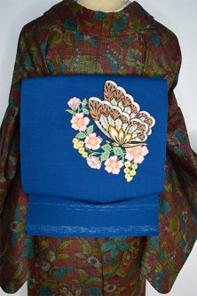 ディープブルーに花と蝶々のボヘミアン刺繍美しいウール開き帯