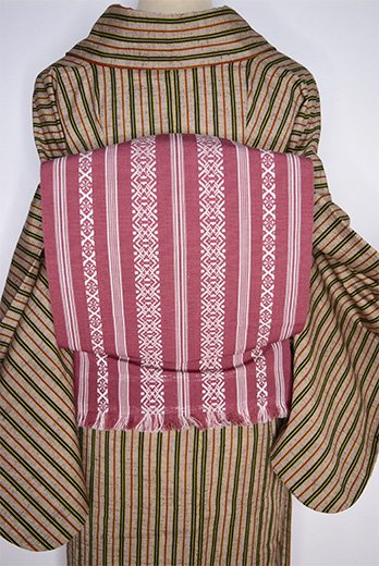 蘇芳香色に博多献上風縞模様美しいウール開き帯 - アンティーク着物・リサイクル着物のオンラインショップ　姉妹屋
