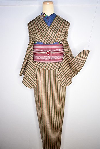 蘇芳香色に博多献上風縞模様美しいウール開き帯 - アンティーク着物