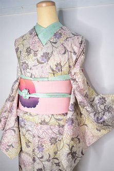 格子に花アラベスク染め模様美しい大島紬袷着物