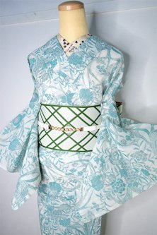 ピーコックグリーンのボタニカルデザイン美しい綿縮スリーウェイ夏着物