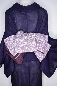 【未使用仕立て上がり】本麻染と正絹紬のリバーシブル半幅帯ー紫草色花蝶々