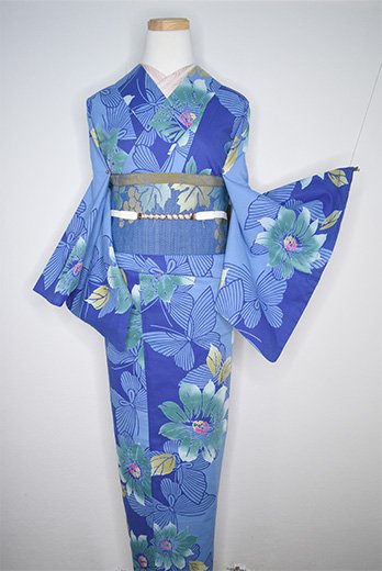スモークブルー平成レトロ蝶々と花美しい注染浴衣 - アンティーク着物