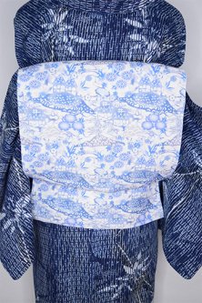 【手縫い仕立て上がり未使用品】本麻染め夏帯—藍景色
