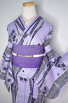 藤紫に縞と桜雪輪文様涼やかな変わり織り格子地モダン浴衣