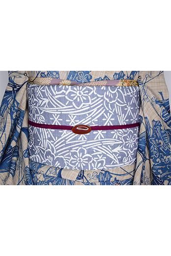 ゆりのはな 夏の名古屋帯 蝶 型染め 六通柄 麻 長尺 白/青/黒色