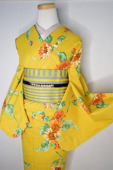 【YUKIKO HANAI】カナリアイエローに向日葵の花美しいモダン浴衣
