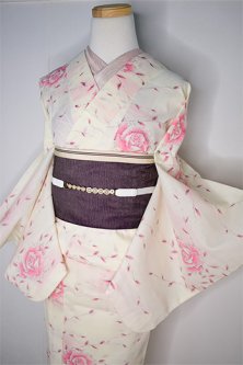クリーム色にローズピンク薔薇の花美しい上布風スリーウェイ夏着物