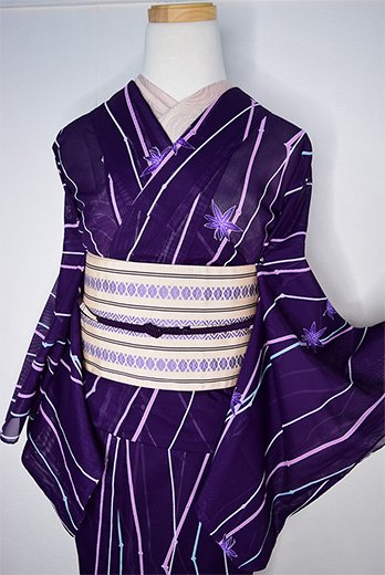 深紫に竹縞と楓葉美しい化繊絽の夏着物 - アンティーク着物