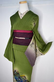 蓬緑と深紫のぼかしに平安絵巻文様美しい正絹袷付下げ着物
