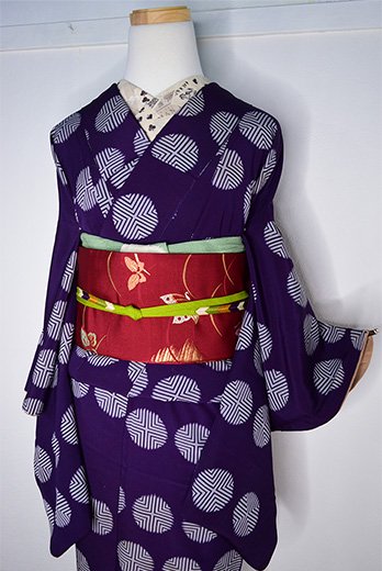 深紫に水玉模様モダンなアンティーク袷着物 - アンティーク着物