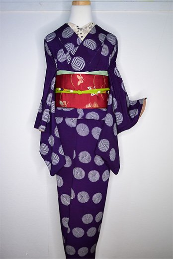 深紫に水玉模様モダンなアンティーク袷着物 - アンティーク着物