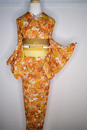 先染紬縞シエナオレンジにボタニカル染模様美しいウール単着物