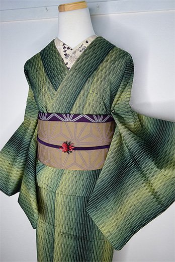 緑ぼかし縞によろけ縞美しいウール紬単着物 - アンティーク着物