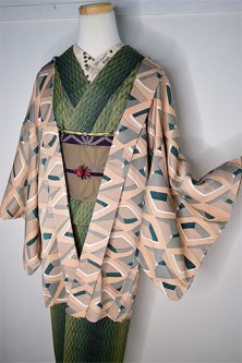 ベージュ・グレーのファンタジック幾何学パターンモダンな正絹羽織