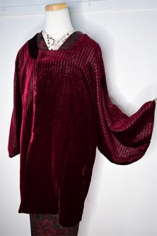 バーガンディーカラーストライプ美しいキュプラ洗えるビロード着物コート