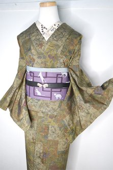 アッシュベージュに更紗アラベスク花切嵌め模様美しいウール紬単着物