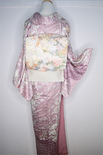 ラベンダーカラー花霞美しい正絹付け下げ小紋 - アンティーク着物