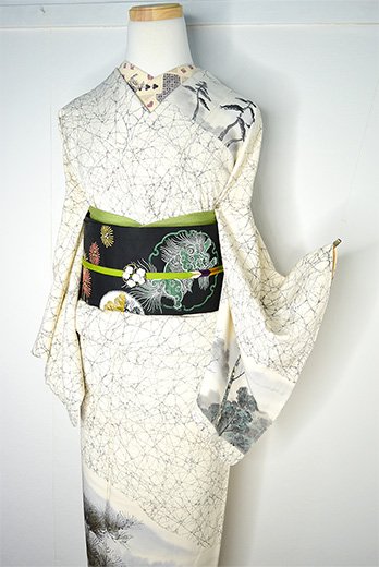 モノクロームに松の風景美しい正絹付け下げ訪問着 - アンティーク着物・リサイクル着物のオンラインショップ　姉妹屋