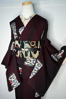 ルージュブラックにレオパードのようなモダンデザイン御召アンティーク袷着物